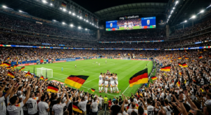 Germany players celebrate their 7-1 victory over Curacao at Houston Stadium during the FIFA World Cup 2026 Group E match on June 14 2026