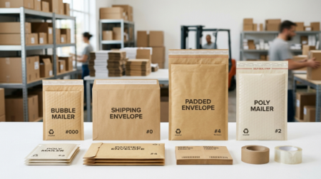 Kraft shipping envelopes and bubble mailers arranged for eCommerce packaging and order fulfillment