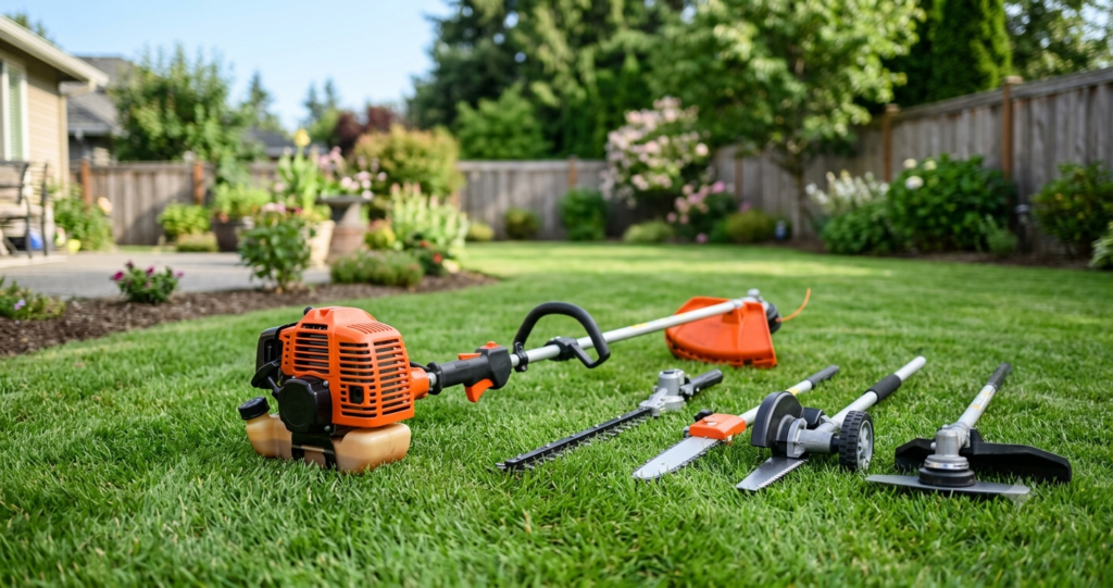 NEO-TEC 26cc 6-in-1 gas trimmer combo kit with attachments on a lawn