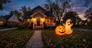 Best Halloween inflatables 2026 — giant glowing pumpkin and ghost yard decoration at dusk